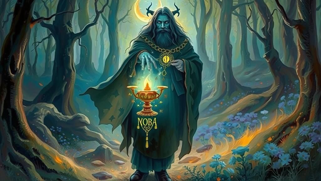 Mystical Druid Reaching for Magic Lamp