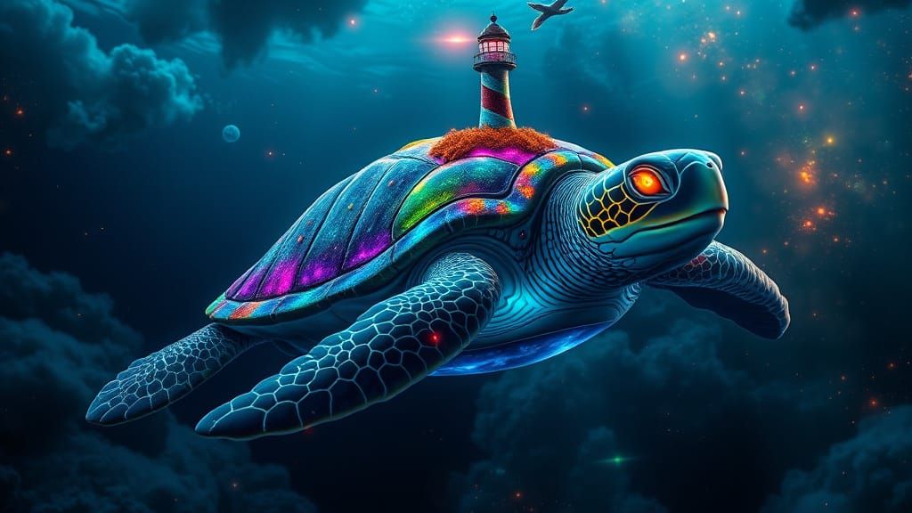 Sea Turtle with Fibonacci Lighthouse in Surreal Ocean