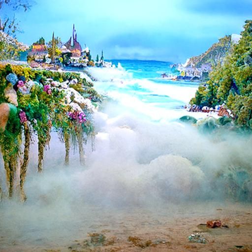Ethereal Fantasy Beach Scene in Kinkade Style