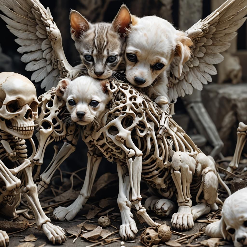 Adorable Angel Puppy and Kitten Skeletons in HDR