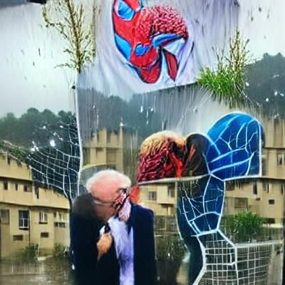 Bernie Sanders and Spiderman Kissing in Rain