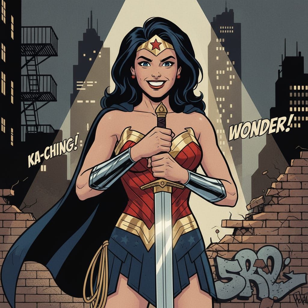 Wonder Woman with a big cheesy smile on her face, holding he...