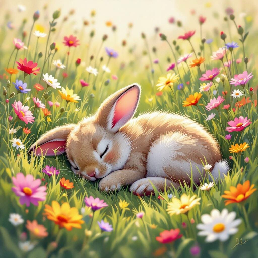 Bunny Sleeping in Flower Field, Whimsical Illustration