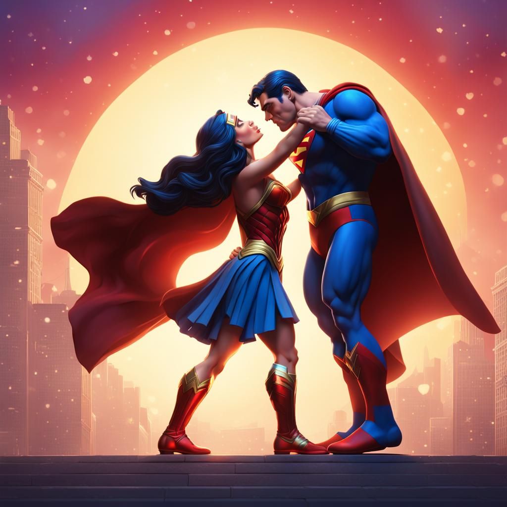 Wonder Woman and Superman Kiss: 3D Digital Art