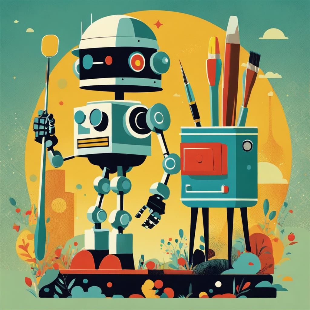Robot Artist in Vintage Cartoon Style