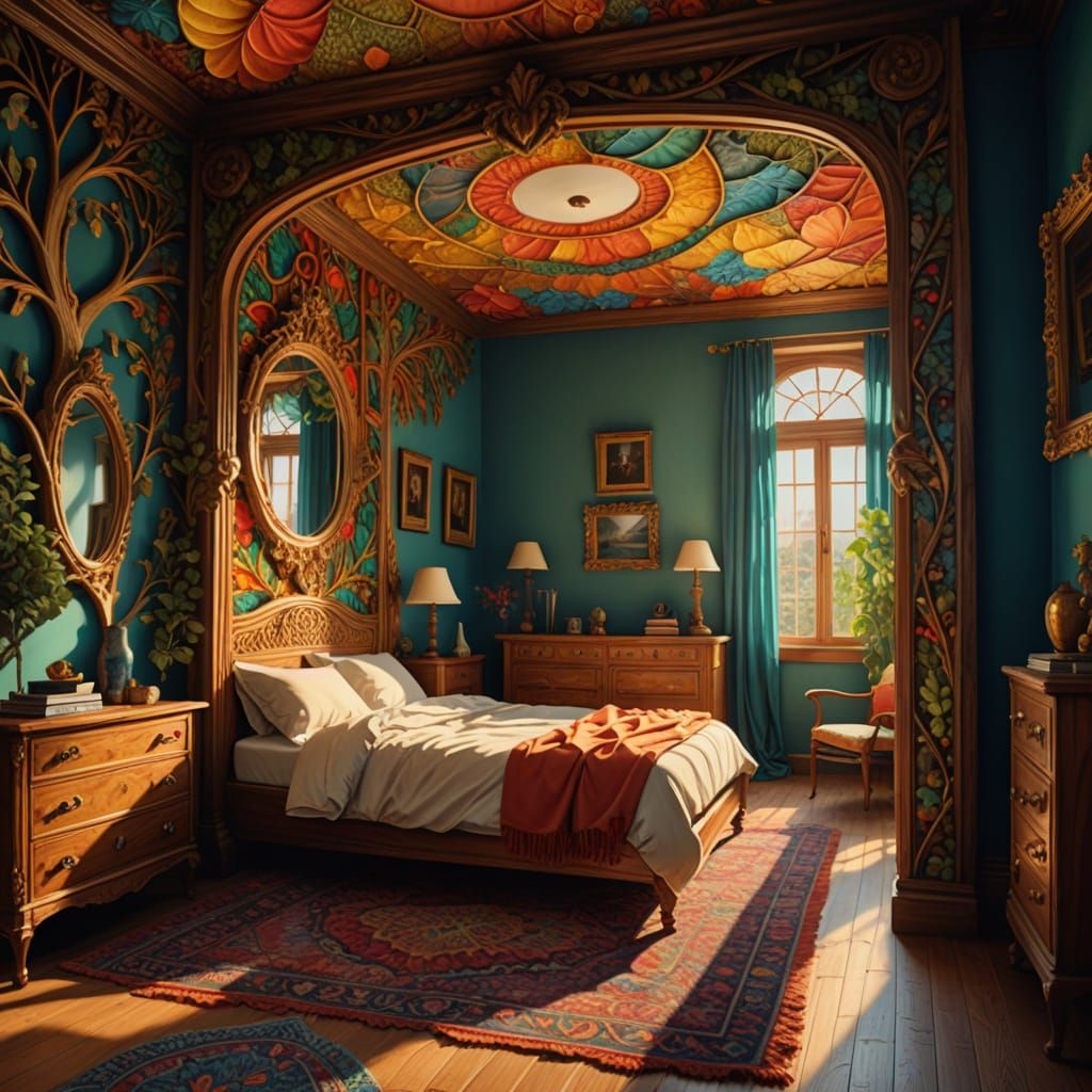 Surreal Dormitory with Carved Mirror, Oil Painting