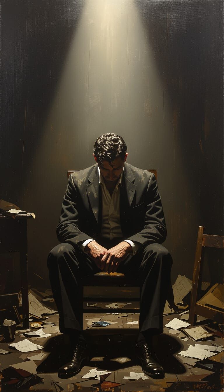 Sad Man in Dark Room, Realistic Oil Painting Style