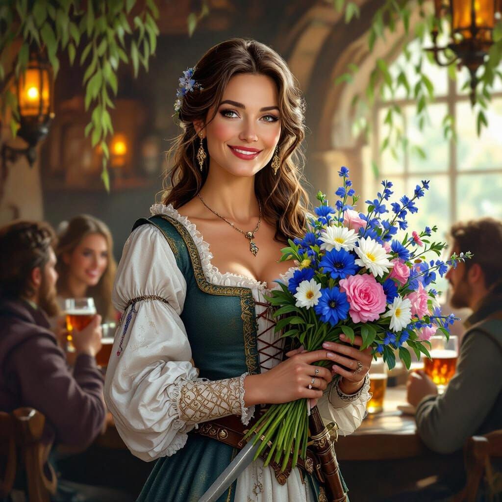 Medieval Woman with Rapier in Tavern, Fantasy Art