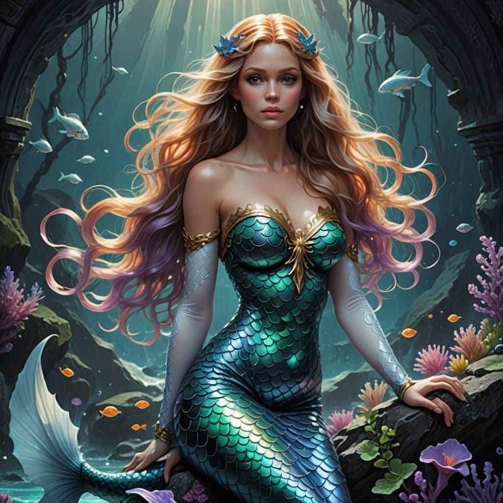 Majestic Mermaid in Shimmering Turquoise and Lavender Hues
