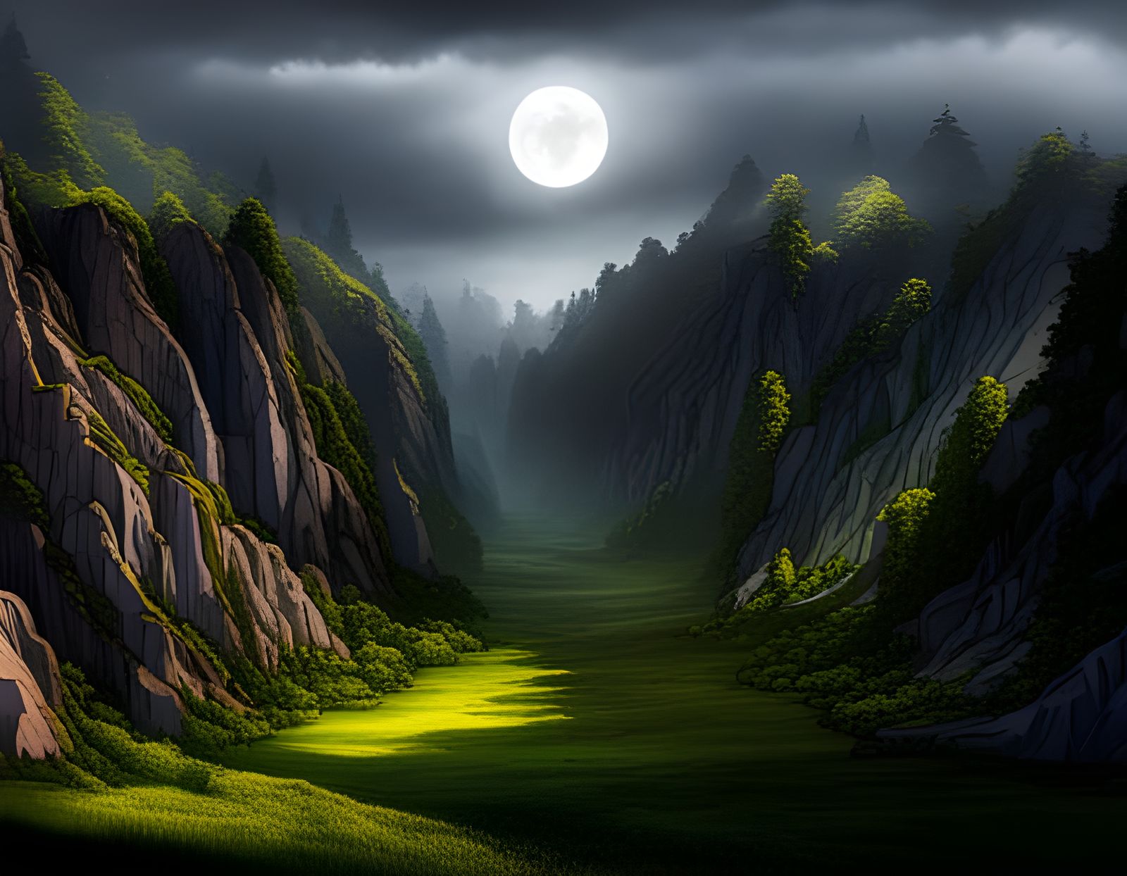 Dark Forest Valley Landscape in Shadow