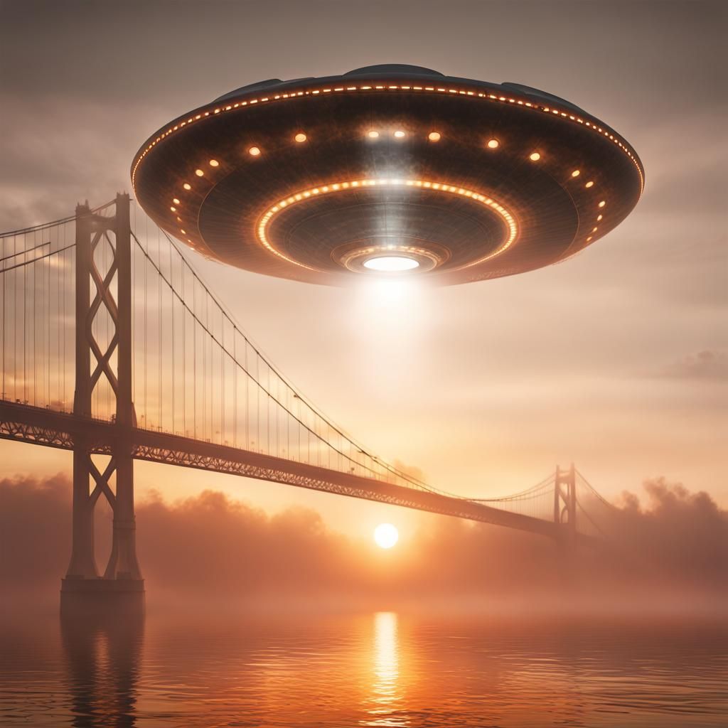 UFO Hovering Over Suspension Bridge at Sunset
