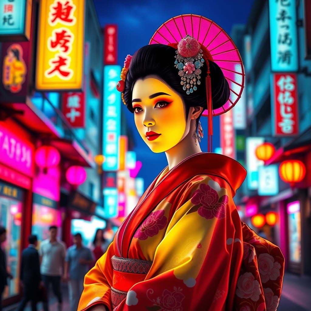 Neon Geisha in Tokyo Streetscape, Murakami-Inspired
