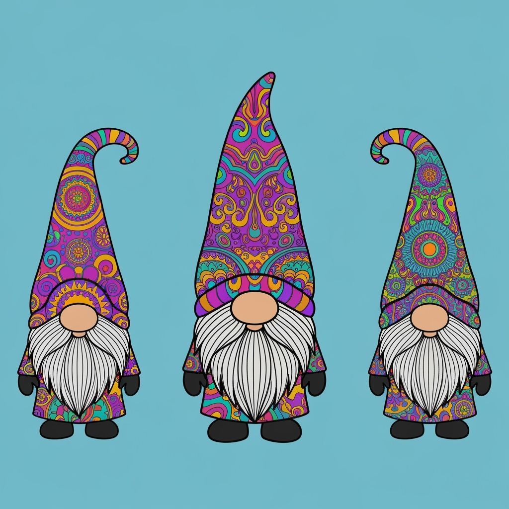 Psychedelic Gnomes in a Whimsical Scene