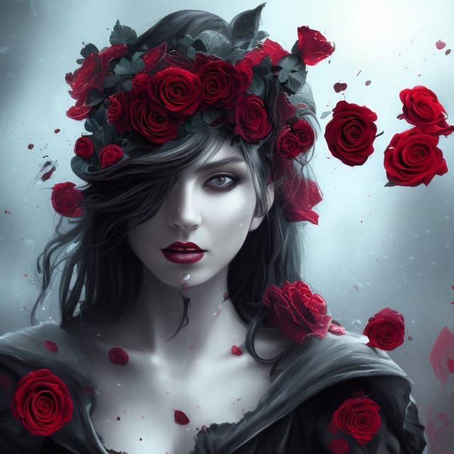 Stunning Dark Lady with Roses Watercolor Painting