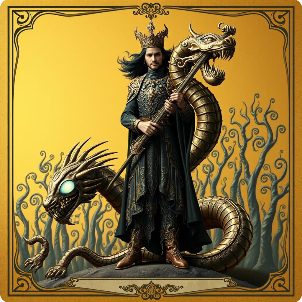 Confident Figure Tames Musical Serpent in Art Nouveau-Inspir...