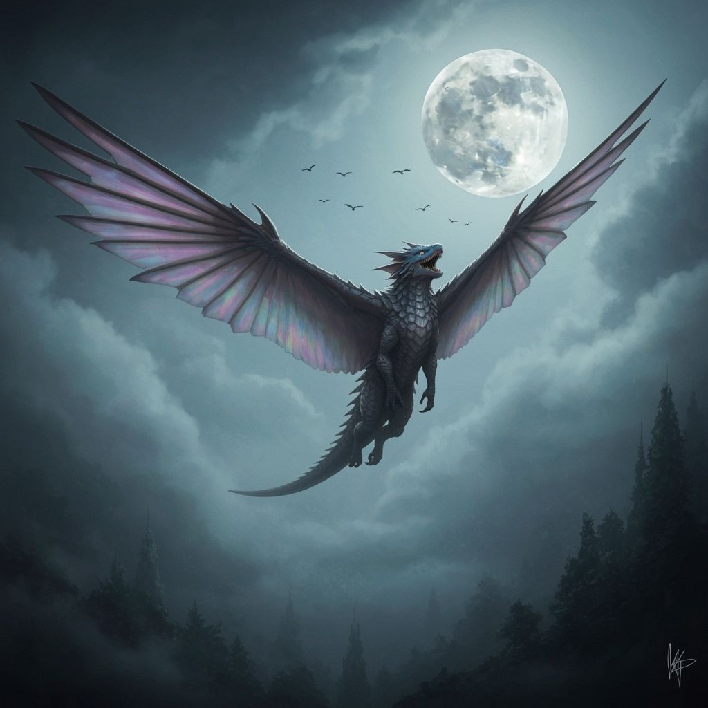 Majestic Flying Monster in Misty Moonlit Sky