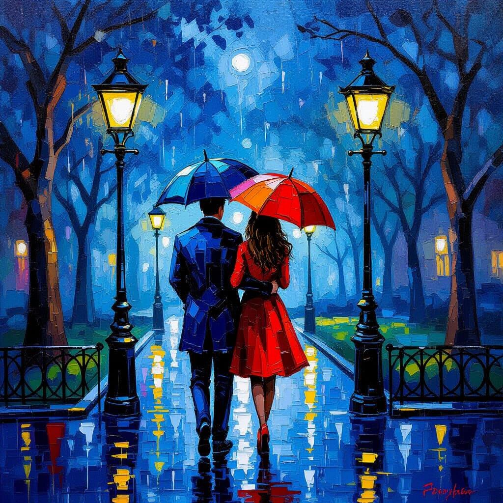 Rainy Night Couple in Park, Impasto Style