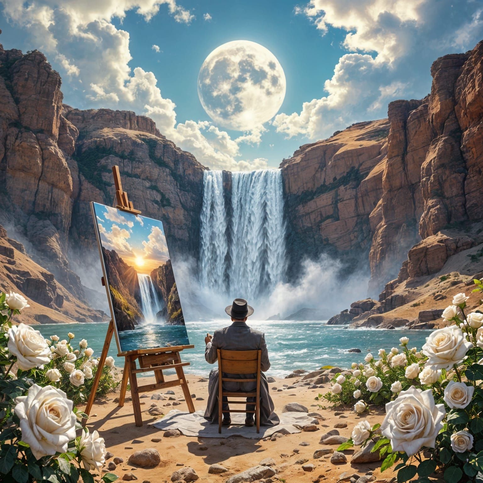 Artist Paints Surreal Desert Scene with Dual Sun and Moon