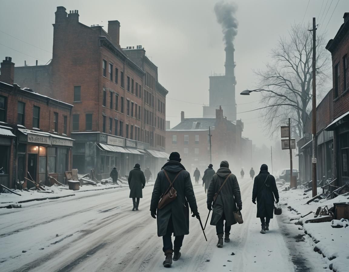 Desolate Winter Survivors Walk Empty Post-Apocalyptic Street...