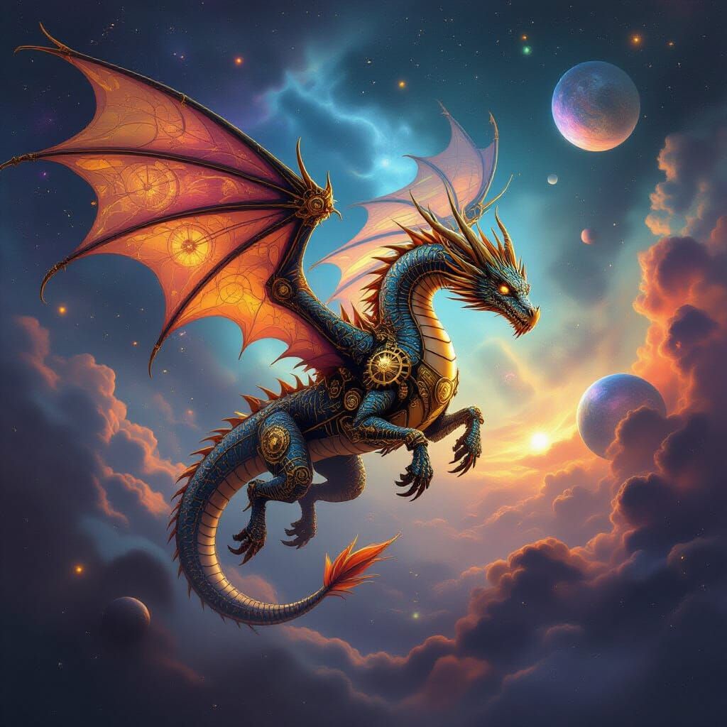 Steampunk Dragon Soaring Through Cosmic Nebula