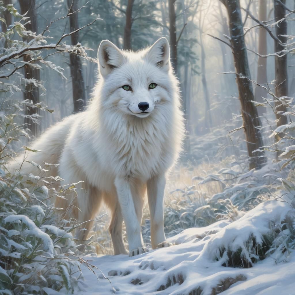 Silver Fox in Ethereal Winter Impressionist Landscape
