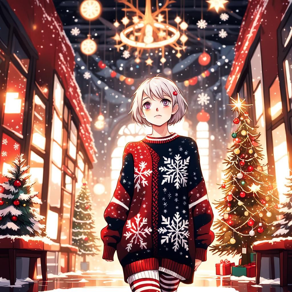 Cute Anime Girl Standing in Front of Christmas Tree