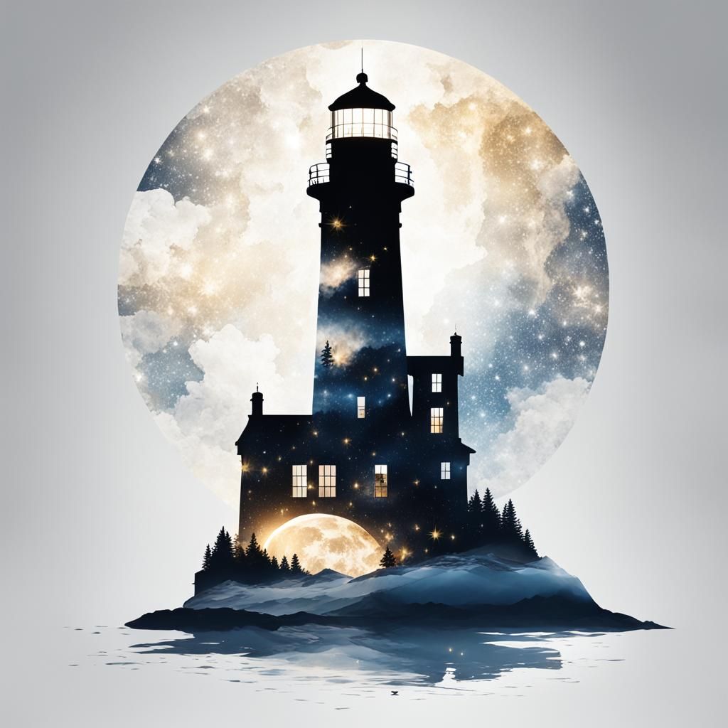 Lighthouse Silhouette Filled with Starry Night Images