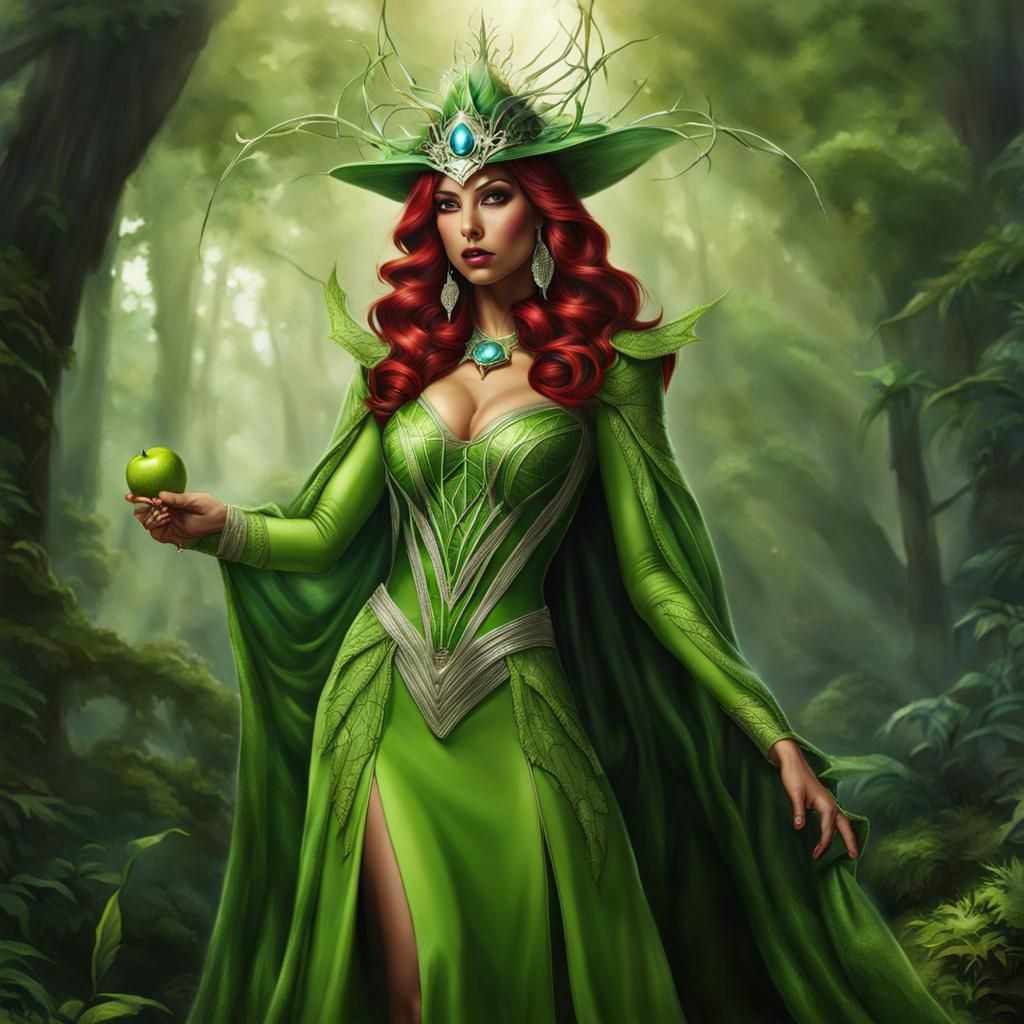 Hyperrealistic Sorceress with Forest Power in Lime Dress