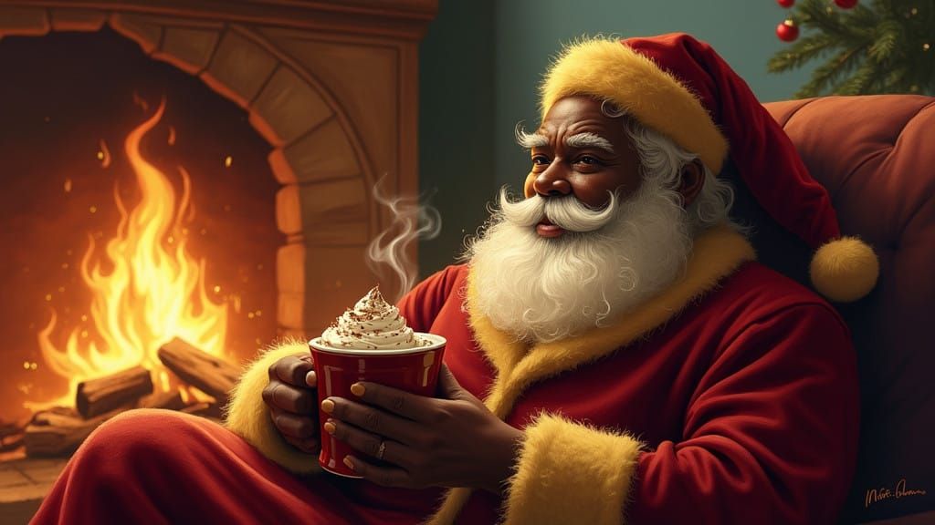 African American Santa Claus by the Crackling Fire