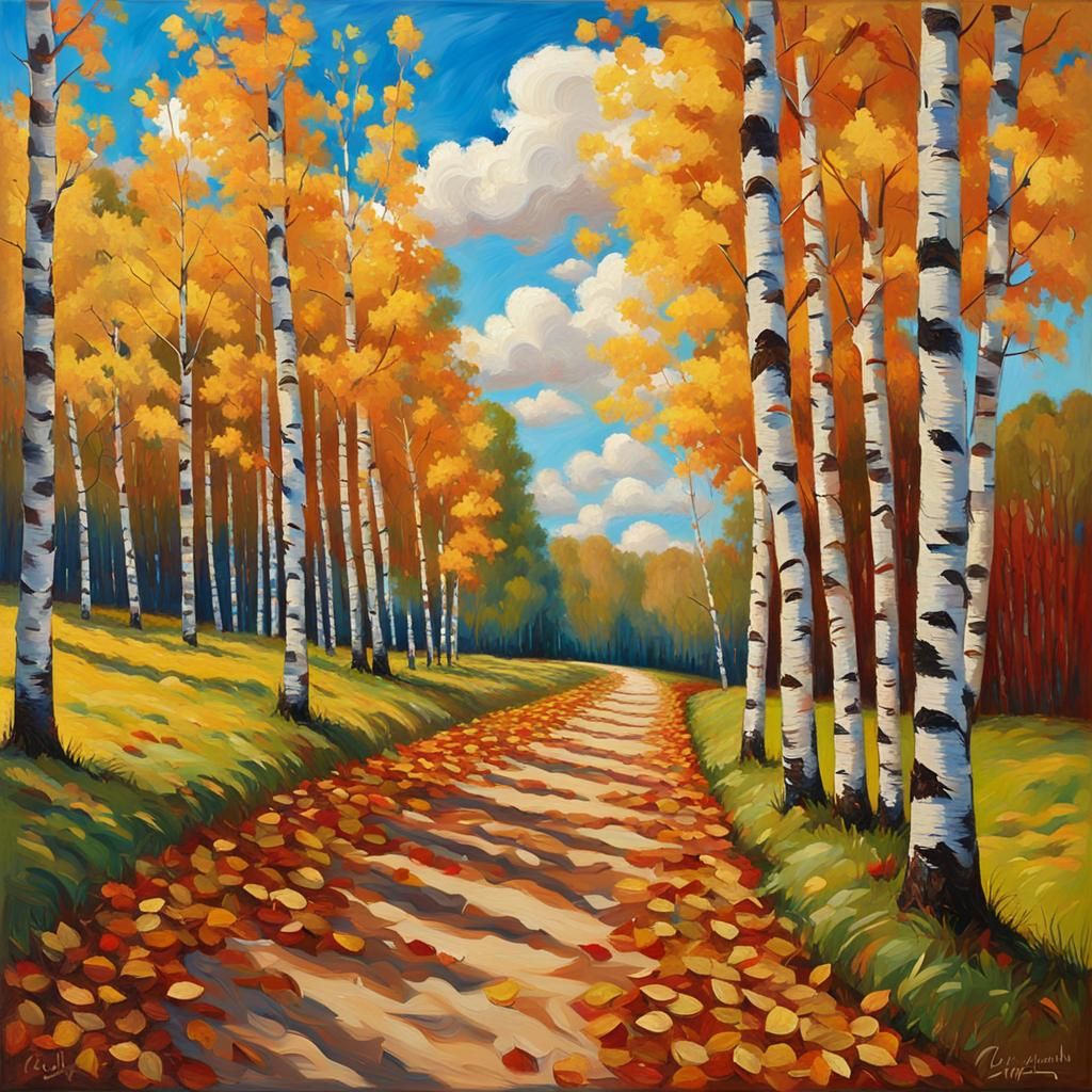 Autumnal Birch Path in Neo-Impressionist Style
