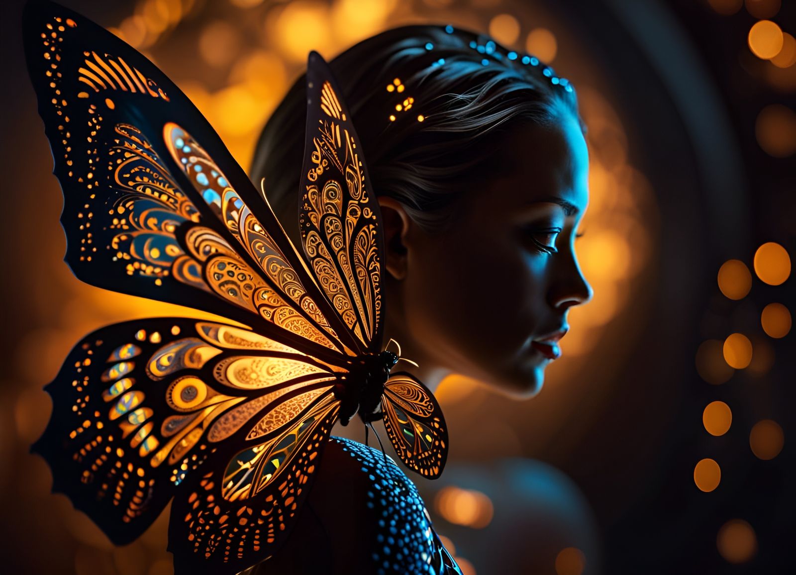 Backlit Butterfly Woman in Hyperreal Ornamental Art