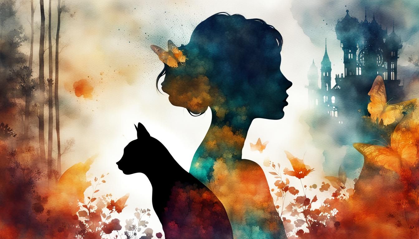 Ethereal Encounter: Woman and Tabby Cat Silhouette Merge in ...