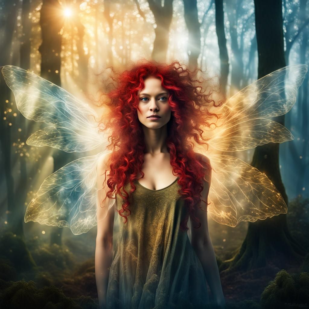 Ethereal Fairy Double Exposure in Magical Forest