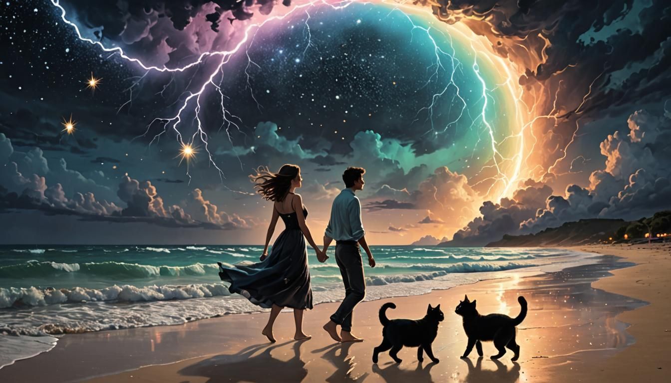 Electroluminescent Beach Fairytale Kiss Under Starry Sky