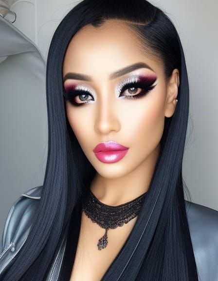 Neon Noir: Dark Mistress with Glossy Hair