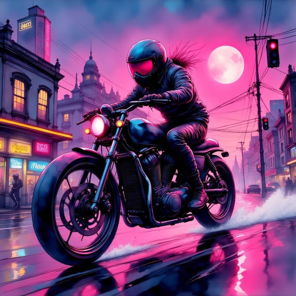 Futuristic Motorcycle Rider in Neon Cityscape