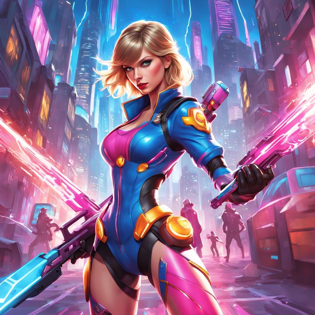 Heroic Taylor Swift in Vibrant Overwatch Cityscape