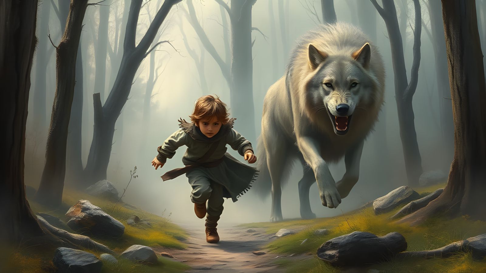 Enormous Wolf Chasing Orphan Boy in Forest