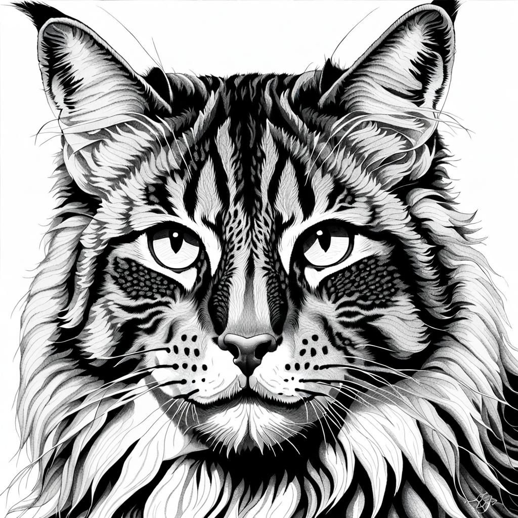 Majestic Maine Coon Cat in Stipple Art