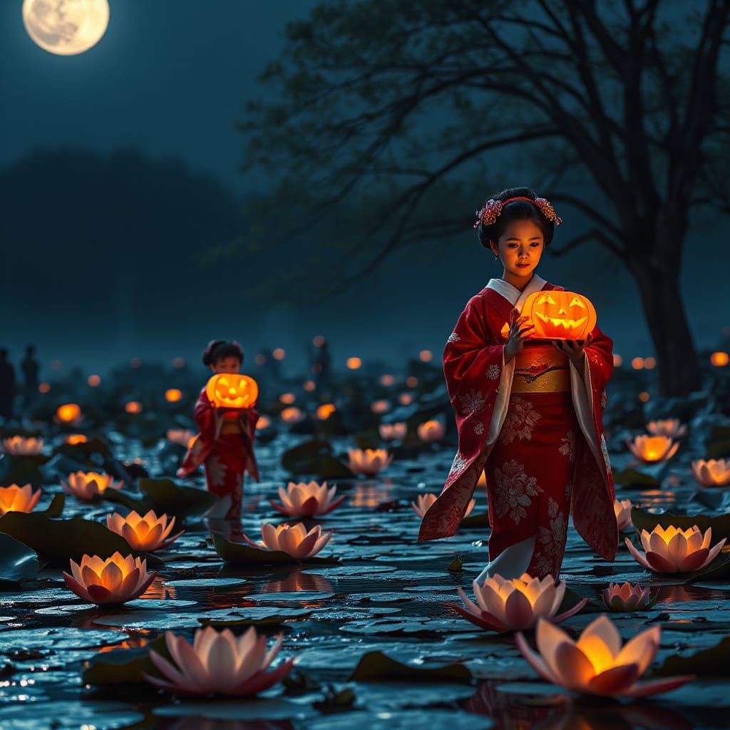 Geishas With Jack-o'-Lanterns in Moonlit Lotus Pond