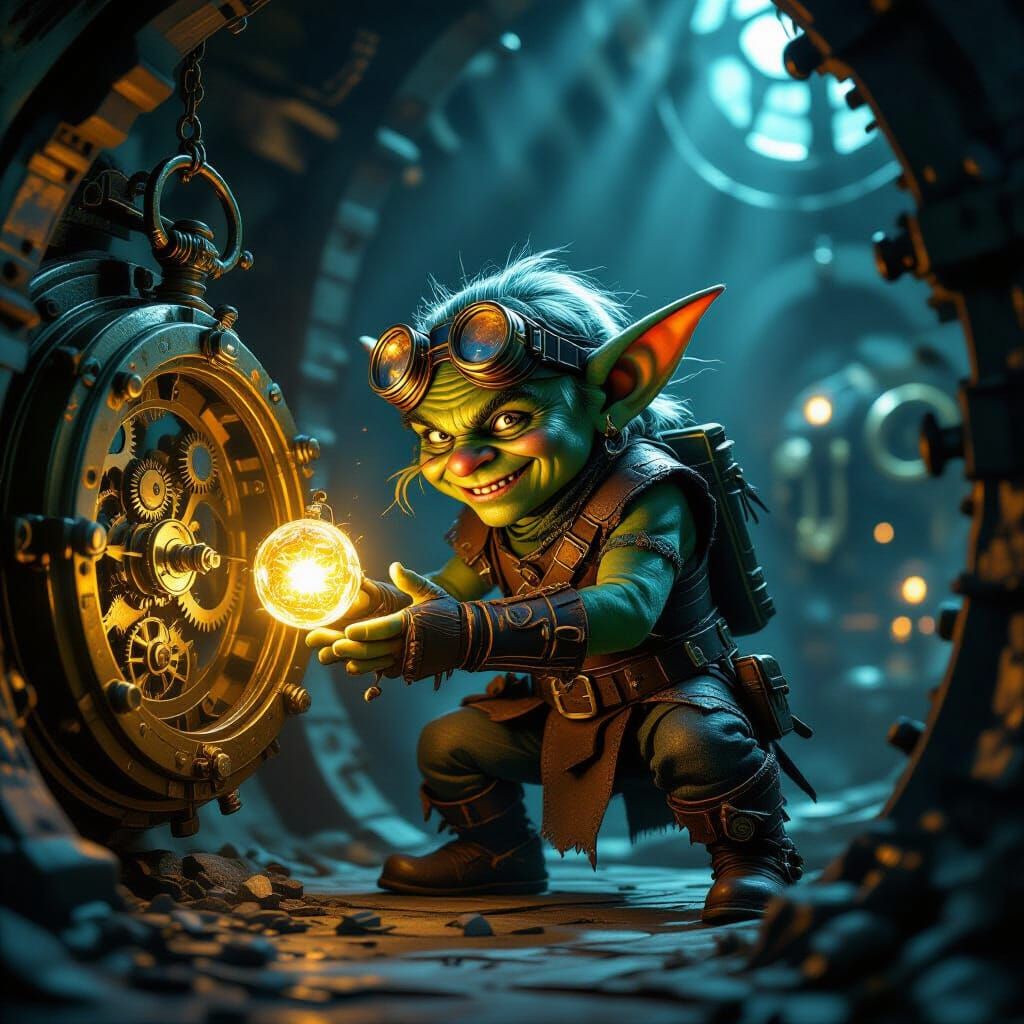 Goblin Thief Steals Glowing Artifact in Steampunk Vault