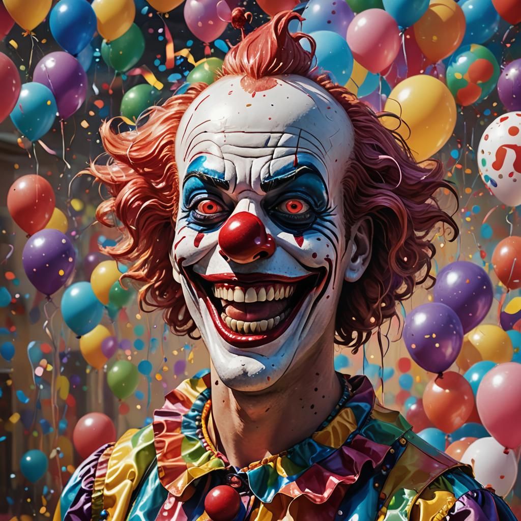 Creepy Clown Smiling at Kids Party: Hyperrealistic Portrait