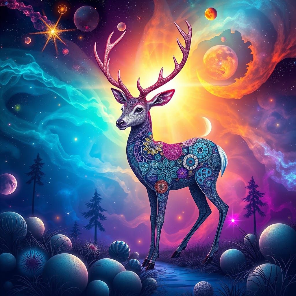 Cosmic Deer with Zentangle Patterns in Abstract Style