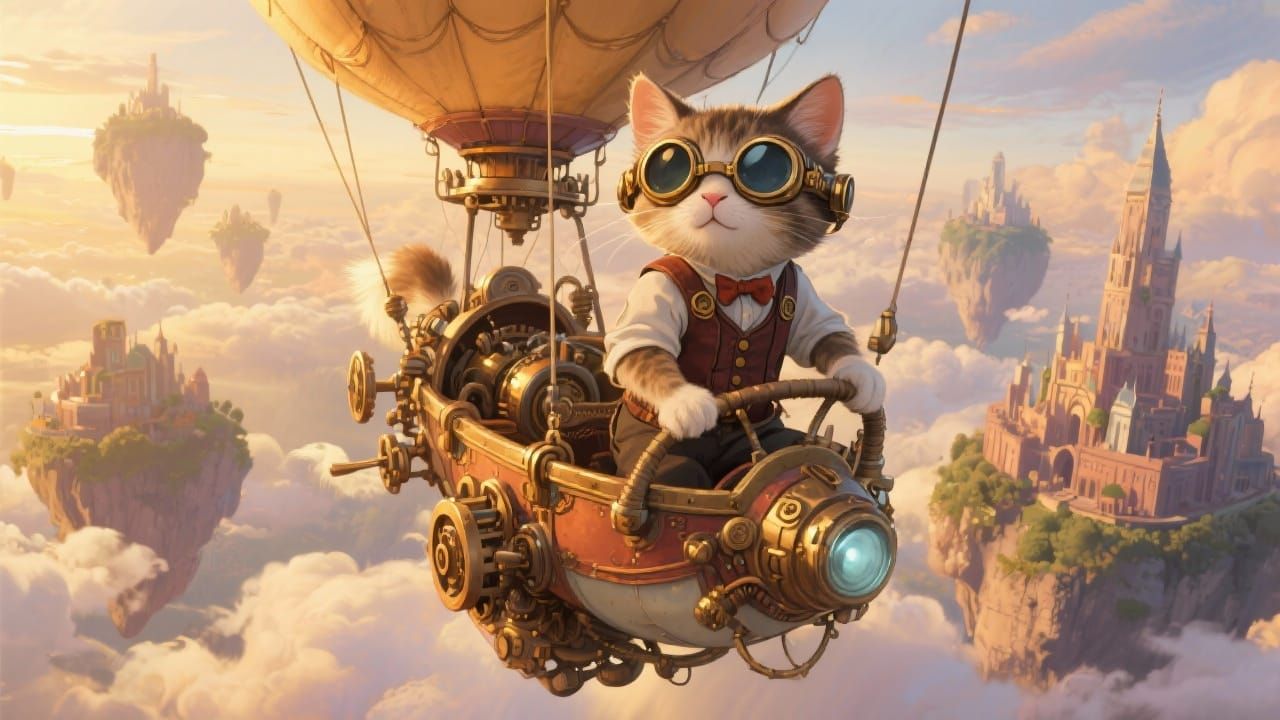 Steampunk Kitten Pilots Dirigible Over Floating Islands