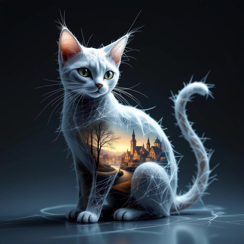 Ethereal Spider Web Cat with Hidden Town Drawing