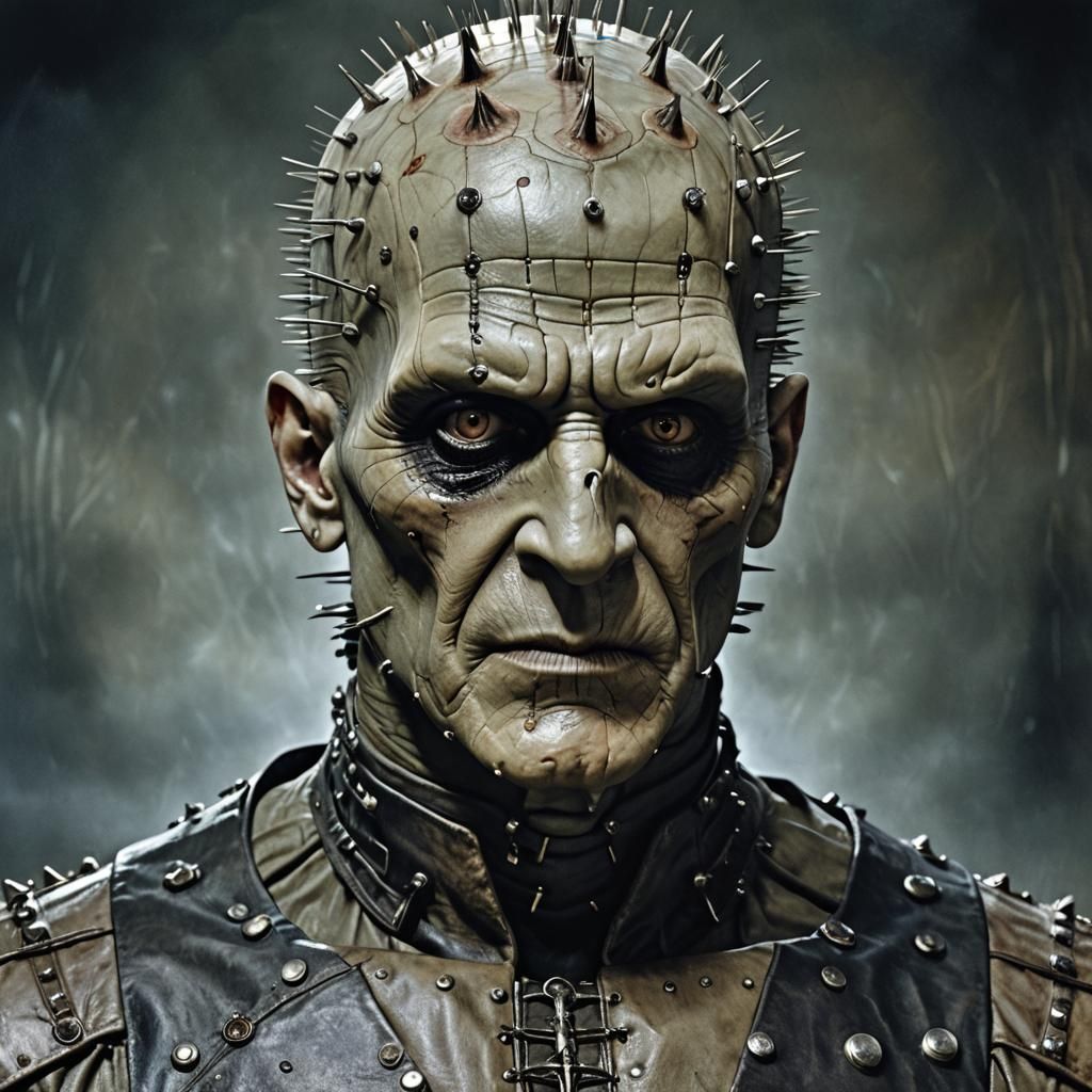 A headshot of a Hyperrealistic Frankenstein's monster as a lifelike Pinhead, with dead white opaque eyes from the "Hellr...