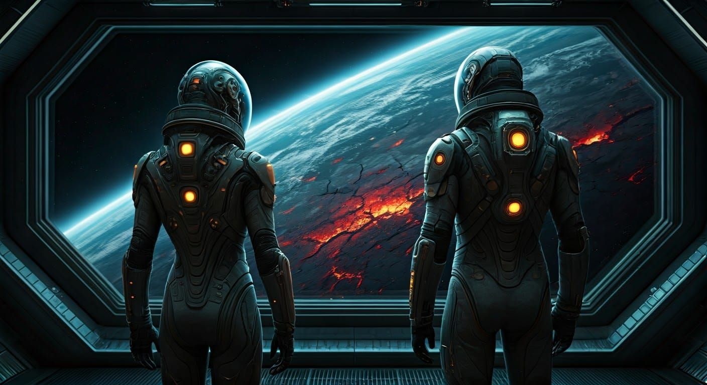 Futuristic Astronauts Gaze Out at a Ravaged Earth