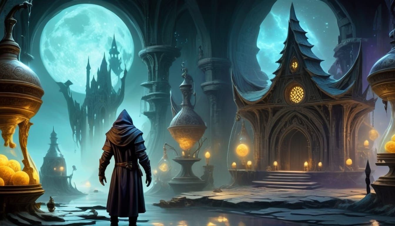 Mysterious Alchemist in Ethereal Laboratory