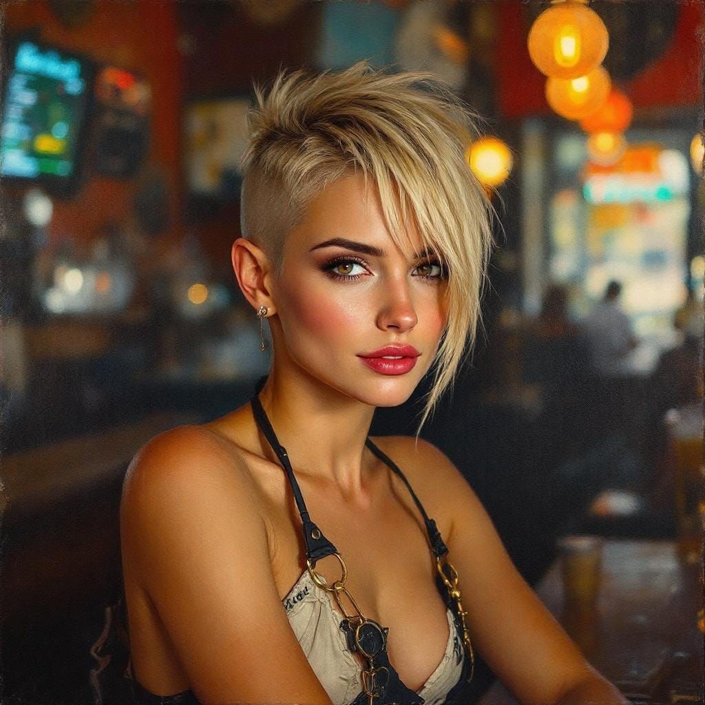 Beautiful Woman with Punk Haircut, Oil Painting