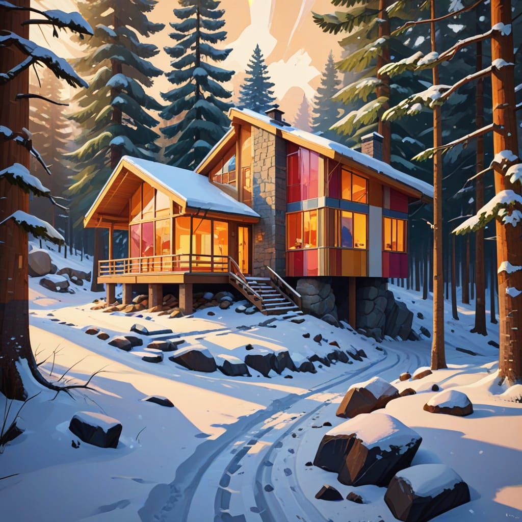 Cubist Wooden House in Snowy Forest with Geometric Art